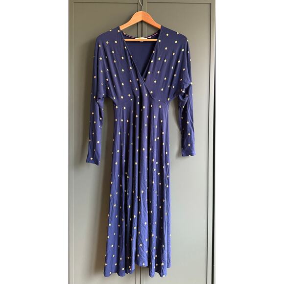 BODEN sz 8 UK 4 US navy, and gold polkadot faux wrap dress EUC - Picture 1 of 5